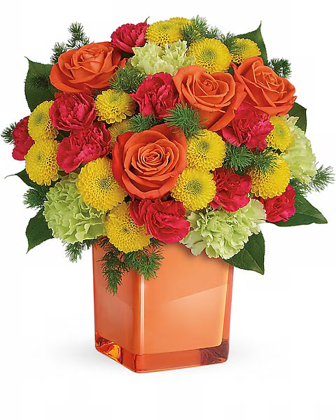 Colorful flower arrangement with orange, red, and yellow flowers in an orange vase